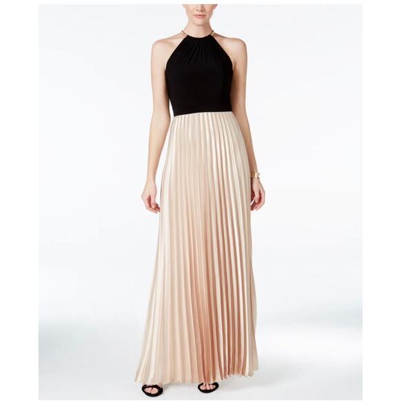 Xscape Black Champagne Gold Pleated Sleeveless Halter Maxi Gown Dress Size 4 - Picture 1 of 11